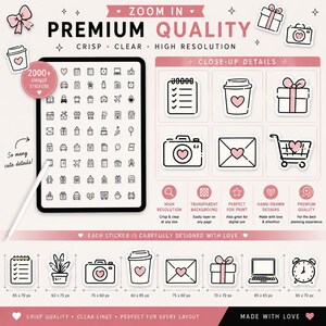 Premium high-resolution digital planner stickers with clean minimalist black and pink aesthetic, transparent PNG files, and pre-cropped designs for GoodNotes.