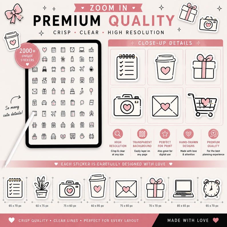 Premium high-resolution digital planner stickers with clean minimalist black and pink aesthetic, transparent PNG files, and pre-cropped designs for GoodNotes.