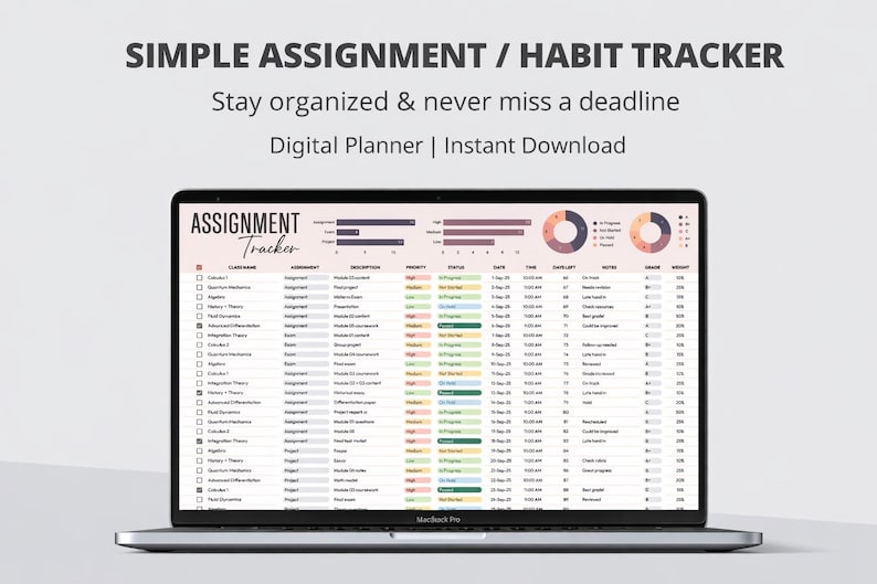 以下が含まれることがあります： 「SIMPLE ASSIGNMENT / HABIT TRACKER」と題されたデジタルプランナーがノートパソコンに表示されています。画面には、クラス名、課題、説明、優先度、ステータス、日付の列があるスプレッドシートが表示されています。「整理整頓して、締め切りを逃さない」というテキストが上にあります。