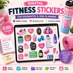 Puede incluir: Pegatinas digitales de fitness para Goodnotes y planificadores de iPad. La imagen presenta una tableta con varias pegatinas temáticas de fitness, una pesa rosa, una botella de agua y una esterilla de yoga. Las pegatinas incluyen planes de entrenamiento, preparación de comidas y citas motivadoras.