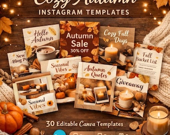 Gezellige herfst Instagram-templates | Canva Social Media Bundel | 30 berichten en stories + 12 bonusberichten + 50 highlight-covers