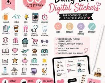Bundel van 30 schattige digitale stickers voor GoodNotes, iPad en digitale planners | PNG-stickers voor het dagelijks leven | Direct te downloaden
