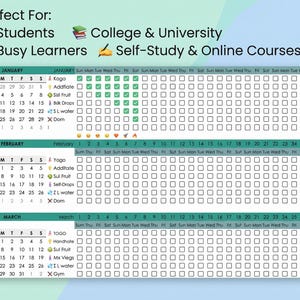 May include: A teal and white planner with a calendar layout for January, February, and March. The planner includes checkboxes for tracking habits and goals, with text such as "Koga", "Addfiate", and "Sul Fruit".