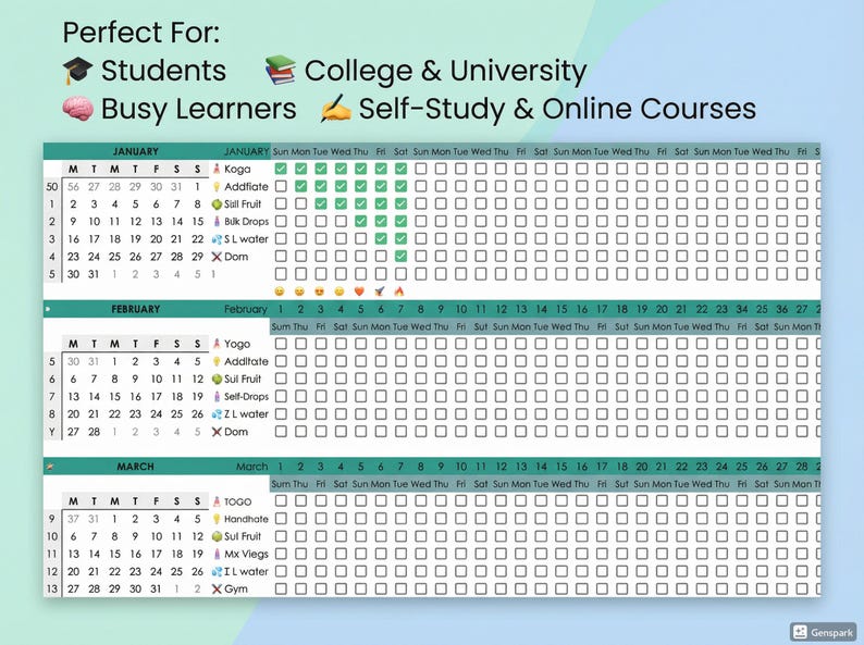 May include: A teal and white planner with a calendar layout for January, February, and March. The planner includes checkboxes for tracking habits and goals, with text such as "Koga", "Addfiate", and "Sul Fruit".