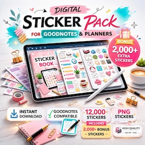 Puede incluir: Un paquete de pegatinas digitales para Goodnotes y planificadores con una tableta que muestra páginas de libros de pegatinas, un lápiz óptico y artículos de papelería. El texto incluye DIGITAL STICKER PACK, BONUS 2,000+ EXTRA STICKERS y 12,000+ STICKERS.