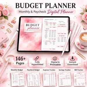 Op de afbeelding: Een digitale budgetplanner op een tablet, met een roze en wit ontwerp. De afbeelding bevat een stylus, pennen en een kopje koffie. De tekst op het scherm luidt "Budget Planner" en "January Budget". Pictogrammen geven functies aan zoals "146+ Pages" en "Instant Download".