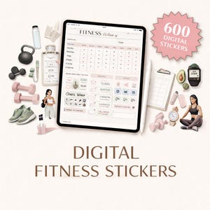 Pode incluir: Ilustração de autocolantes digitais de fitness. A imagem inclui um tablet com um rastreador de fitness, halteres, um kettlebell, ténis e um smartwatch. O texto na imagem diz "600 DIGITAL STICKERS" e "DIGITAL FITNESS STICKERS."