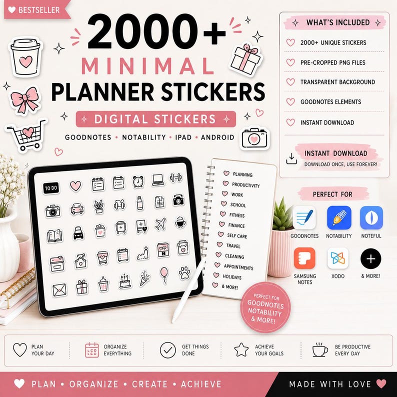 2000+ minimal digital planner stickers for GoodNotes featuring black and pink planner icons, pre-cropped PNG stickers, instant download for iPad digital planning.