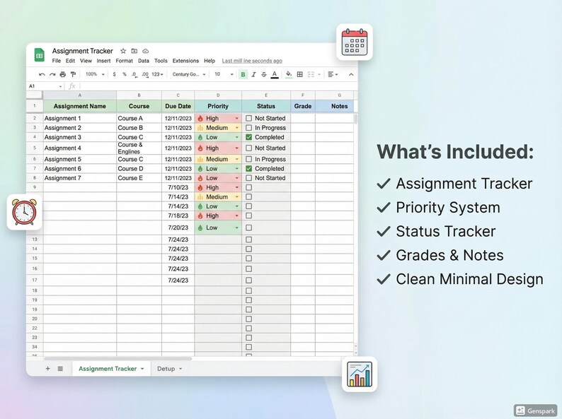 May include: A digital assignment tracker spreadsheet with columns for assignment name, course, due date, priority, status, grade, and notes. Includes a priority system, status tracker, and clean minimal design. The text "What's Included" is visible.