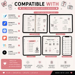 Digital planner stickers compatible with GoodNotes, Notability, Noteshelf, Samsung Notes, Xodo, Penly, ZoomNotes, iPad, Android tablets, and Windows devices.