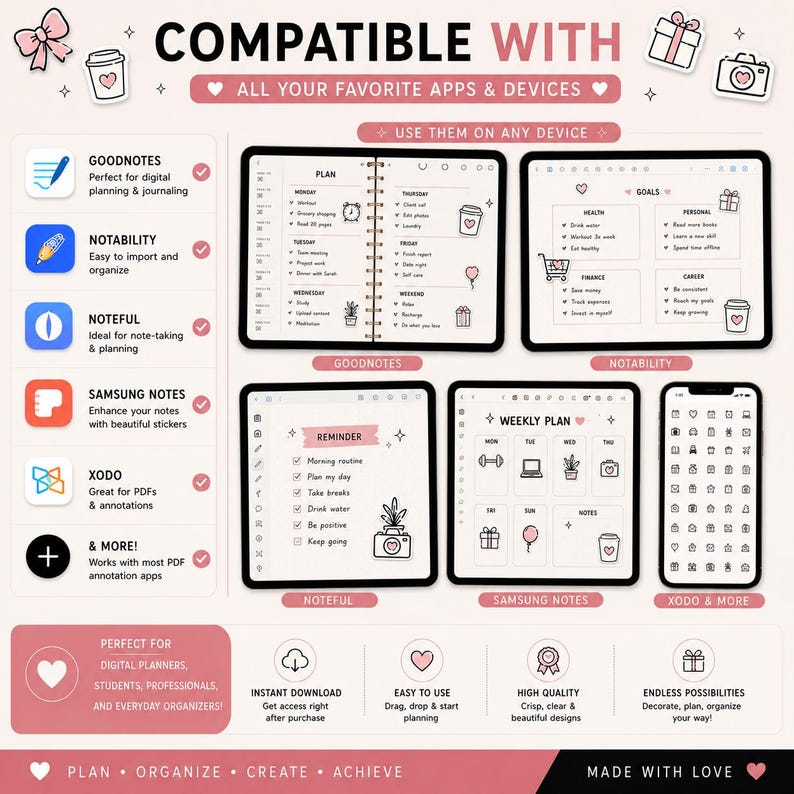 Digital planner stickers compatible with GoodNotes, Notability, Noteshelf, Samsung Notes, Xodo, Penly, ZoomNotes, iPad, Android tablets, and Windows devices.