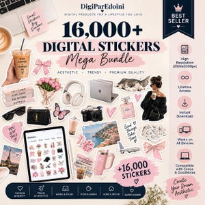 Peut inclure: Un lot de produits numériques comprenant plus de 16 000 autocollants avec le texte DigiParEdoini, 16,000+ DIGITAL STICKERS Mega Bundle et Best Seller. La collection inclut des illustrations de café, nœuds, fleurs, casques, ordinateurs et voyages.