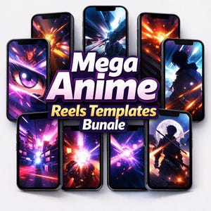 Peut inclure: Plusieurs smartphones affichent des illustrations numériques sur le thème de l'anime. Les écrans présentent des images dynamiques aux couleurs vives et des scènes d'action. Le texte "Mega Anime Reels Templates Bundle" est visible.