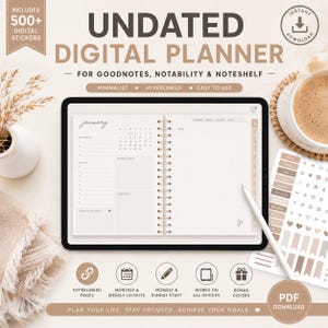 Pode incluir: Uma agenda digital sem data exibida na tela de um tablet, com um layout mensal de janeiro que inclui uma grade, lista de tarefas e seções de metas. A agenda inclui uma caneta stylus, adesivos digitais e etiquetas de texto.