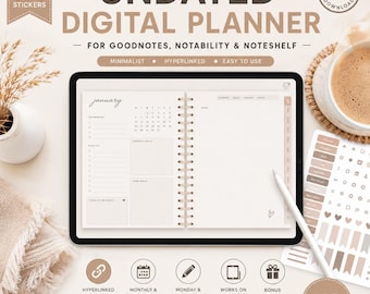 Undated Digitale Planner GoodNotes iPad | Digitale Planner met Stickers | Minimalistisch PDF Planner Direct Download