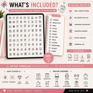 What's included in the digital planner sticker bundle with over 2000 pre-cropped PNG planner stickers, organized categories, transparent backgrounds, and high-resolution files.