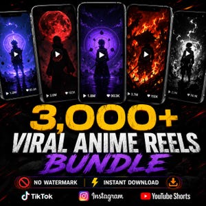 Può includere: Una collezione digitale di oltre 3.000 reel anime virali con cinque smartphone che mostrano sagome di personaggi animati su sfondi vibranti rossi, viola, blu e bianchi, con loghi per TikTok, Instagram e YouTube.