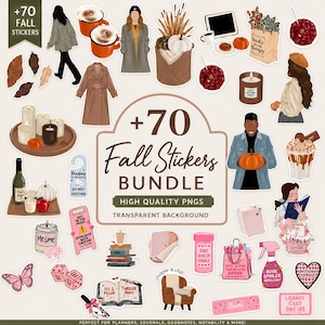 Peut inclure: Une collection de 70 autocollants numériques sur le thème de l'automne avec des illustrations de personnes en vêtements de saison, citrouilles, bougies, livres, tasses et divers objets. Le texte central indique +70 Fall Stickers BUNDLE.