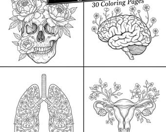 Vintage kleurplaten met bloemenanatomie – Ontspannende grijstinten tattoo lijntekening voor volwassenen – Schedel en hersenen – Digitale download