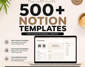 Bundel met meer dan 500 Notion-sjablonen (PLR & Master Resell Rights, MRR) - Bewerkbare planners (digitale download)