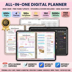 Puede incluir: Un planificador digital todo en uno con encuadernación en espiral blanca, abierto en una página de planificador diario. La imagen incluye texto como "600+ Páginas", "4 Temas" y "100+ Plantillas". Compatible con Apple Calendar, GoodNotes, Notability y Noteshelf.
