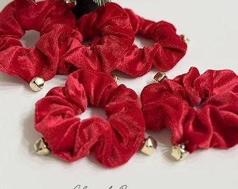 Red Velvet Christmas& New Year Scrunchies with Jingle Bells, Holiday Hair Accessories, Gift for Women, Girls, Festive Stocking Stuffer