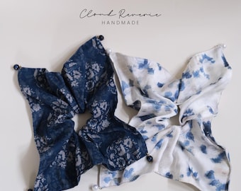 Handmade Blue&White Floral Bow Scrunchie with Beads, Elegant French Style Hair Tie, Vintage Hair Accessory, Romantic Gift for Her