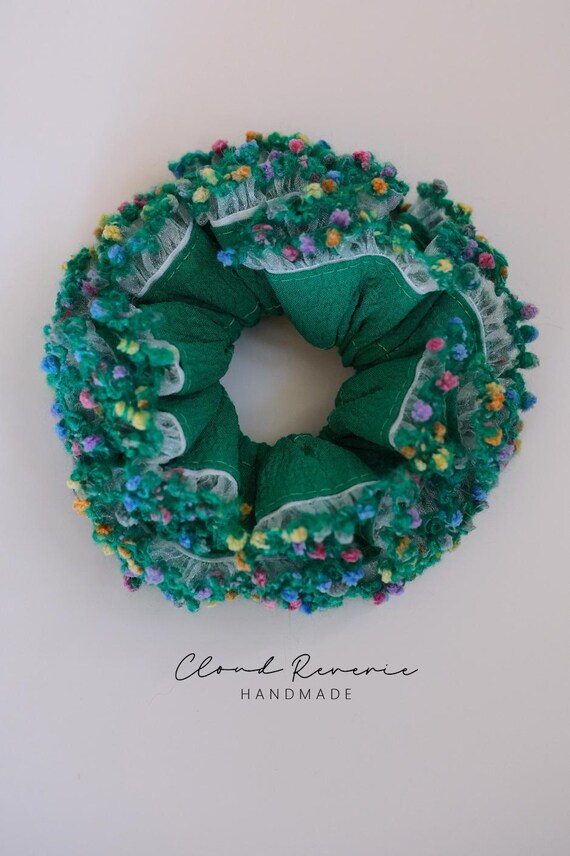 Handmade Floral Scrunchie , Green Garden Hair Tie with Ruffle Lace , Cute Cottagecore Hair Accessory , Soft Elastic Gift for Her