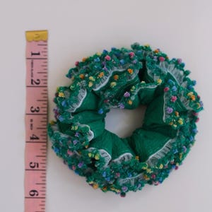 Handmade Floral Scrunchie , Green Garden Hair Tie with Ruffle Lace , Cute Cottagecore Hair Accessory , Soft Elastic Gift for Her image 5
