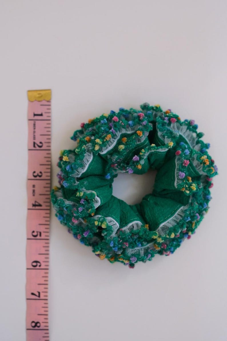 Handmade Floral Scrunchie , Green Garden Hair Tie with Ruffle Lace , Cute Cottagecore Hair Accessory , Soft Elastic Gift for Her image 5