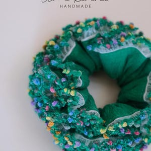 Handmade Floral Scrunchie , Green Garden Hair Tie with Ruffle Lace , Cute Cottagecore Hair Accessory , Soft Elastic Gift for Her image 4