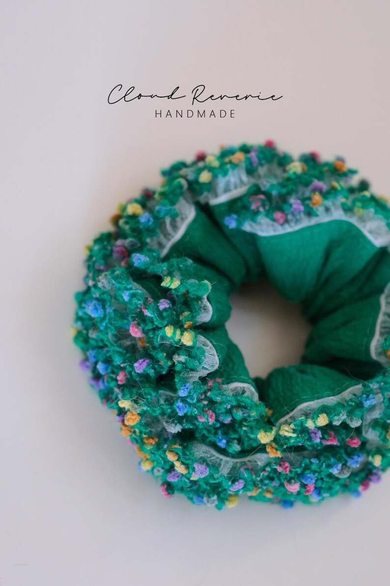 Handmade Floral Scrunchie , Green Garden Hair Tie with Ruffle Lace , Cute Cottagecore Hair Accessory , Soft Elastic Gift for Her image 4