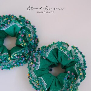 Handmade Floral Scrunchie , Green Garden Hair Tie with Ruffle Lace , Cute Cottagecore Hair Accessory , Soft Elastic Gift for Her image 2
