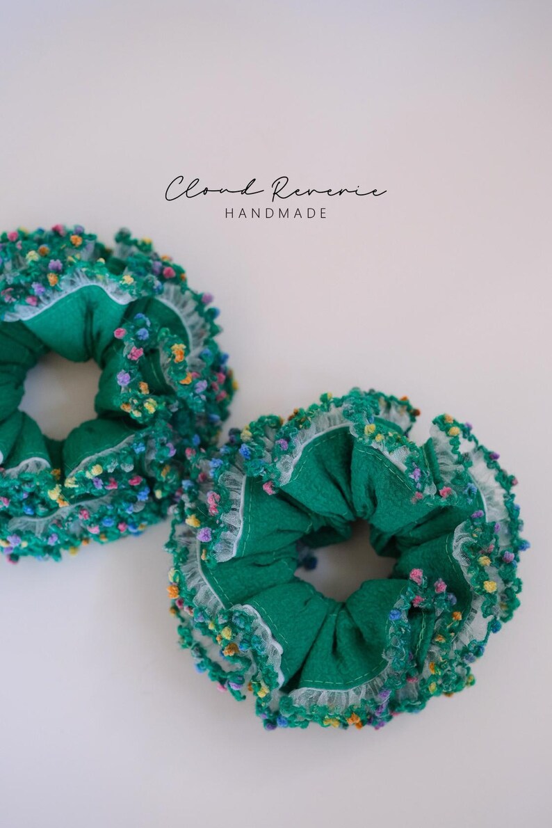 Handmade Floral Scrunchie , Green Garden Hair Tie with Ruffle Lace , Cute Cottagecore Hair Accessory , Soft Elastic Gift for Her image 2