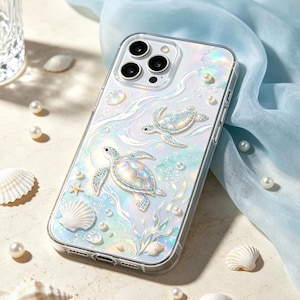 Dreamy Sea Turtle Phone Case, Coastal Ocean Aesthetic Clear Cover, Beach Pearl iPhone Case for iPhone 17 16 15 14 13 12 Pro Max Plus