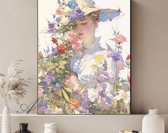 Floral Woman Portrait Digital Art Colorful Flowers Wall Art Elegant Female Painting Printable Digital Download Wall Art Living Room Decor