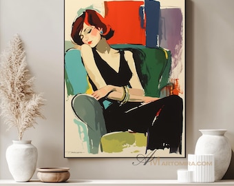 Woman Resting On Sofa Painting Modern Figurative Wall Art Digital Download Portrait Print Elegant Woman Painting Large Wall Art For Bedroom