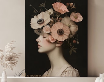 Woman Head Flowers Wall Art Abstract Woman Art Print Portrait Painting Abstract Woman Face Digital Download Feminine Wall Art For Bedroom