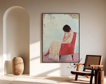 Large Abstract Woman Portrait On Red Sofa Acrylic Print Digital Painting Download Printable Modern Feminine Wall Art Painting For Bedroom
