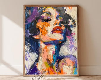 Colorful Abstract Textured Woman Portrait Print Oil Painting Modern Female Face Wall Art Expressionist Digital Download Woman Face Art