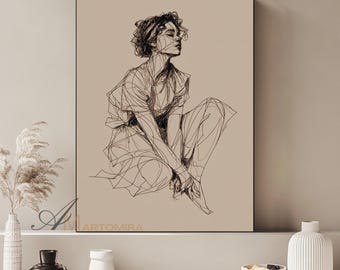 Minimalist Line Art Woman Sketch Elegant Female Drawing Modern Wall Art Printable Download Brown Figure Illustration Minimalist Wall Art