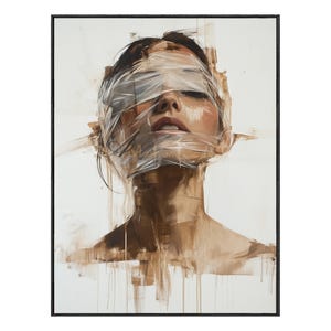 May include: An oil painting portrait of a person with their eyes covered by transparent material. The artwork features a neutral color palette with shades of brown and white, and is framed in a black frame.