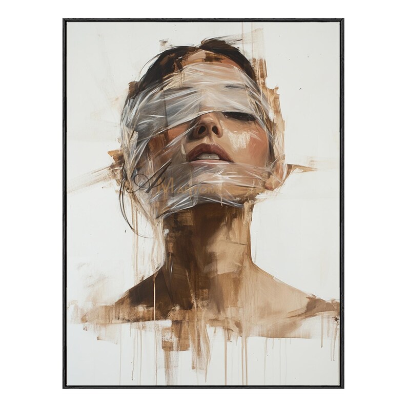 May include: An oil painting portrait of a person with their eyes covered by transparent material. The artwork features a neutral color palette with shades of brown and white, and is framed in a black frame.