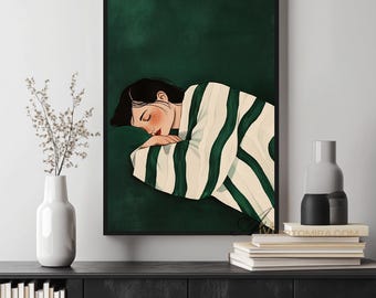 Pintura de menina dormindo com cobertor listrado, arte de parede verde, download digital, pintura de mulher moderna, pôster de mulher abstrata, decoração de parede para quarto