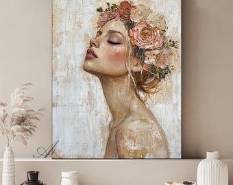 Abstract Woman Portrait With Flower Oil Painting Print Abstract Wall Art Female Face Art Feminine Wall Art Abstract Wall Art For Living Room