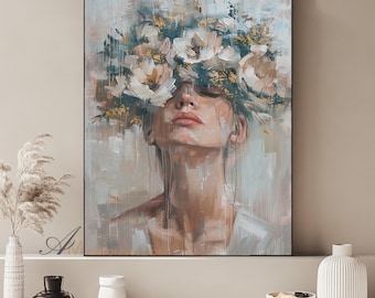 Abstract Woman Floral Oil Painting Print Modern Wall Art Digital Download Colorful Feminine Portrait Contemporary Artwork Art For Bedroom