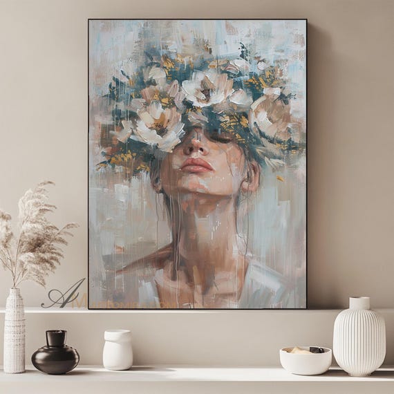 Abstract Woman Floral Oil Painting Print Modern Wall Art Digital Download Colorful Feminine Portrait Contemporary Artwork Art For Bedroom
