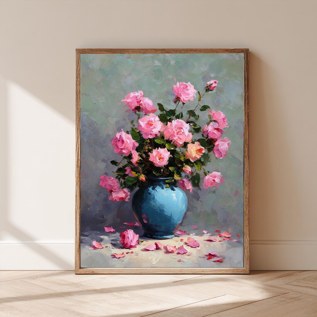 Blue Vase Pink Rose Oil Painting Print, Classic Still Life Floral Wall ...