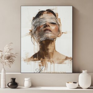 May include: An abstract painting of a person with their eyes and mouth covered in clear plastic wrap. The artwork features a neutral color palette with brown and white tones, and the artist's signature is visible.