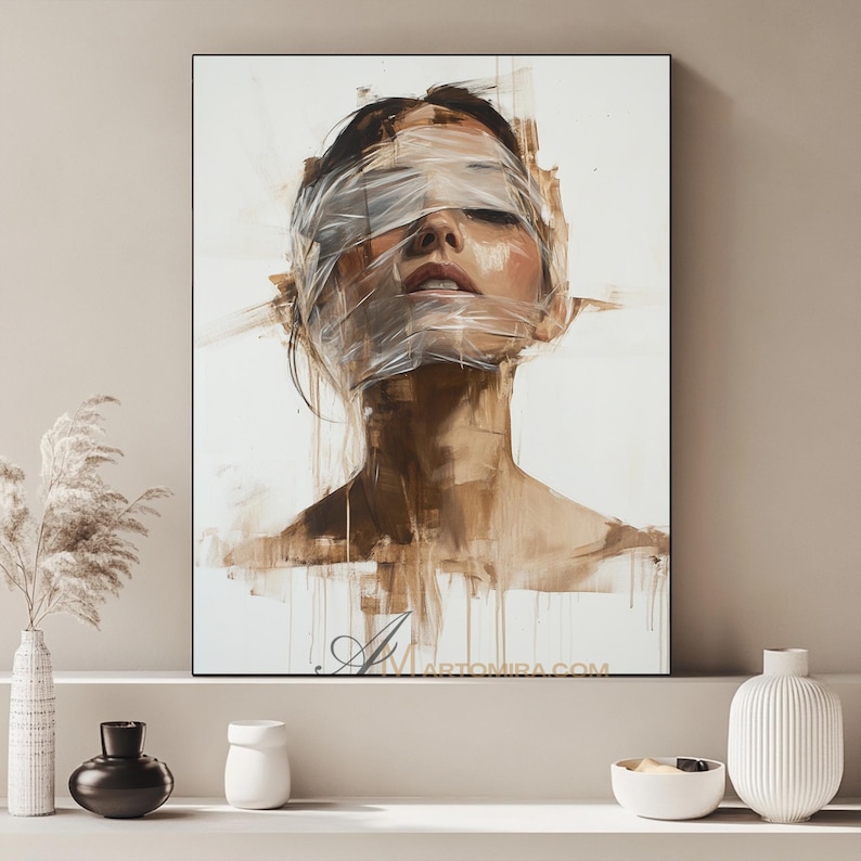 May include: An abstract painting of a person with their eyes and mouth covered in clear plastic wrap. The artwork features a neutral color palette with brown and white tones, and the artist's signature is visible.